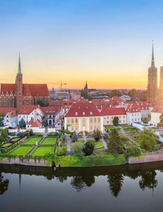 Wroclaw, Poland. Panoramic aerial view of Cathedral Island (Ostrow Tumski) on sunrise